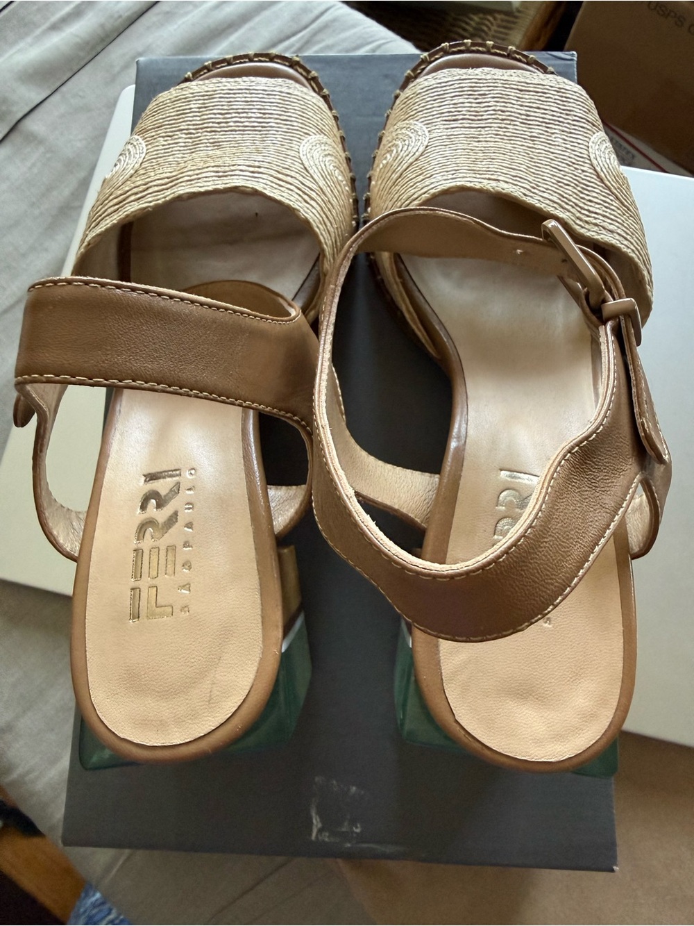FERRI
Womens Tan Leather Slingback Sandals with Aqua Block Heel - Picture 5 of 11